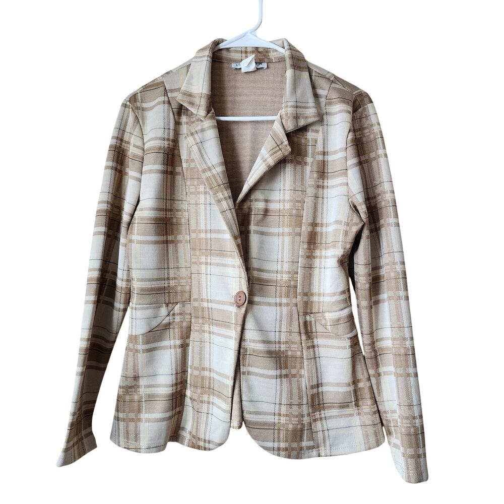 Love Nation Fashion Shirt Dress Jacket Womens Size Large Tan Plaid Vtg USA Made